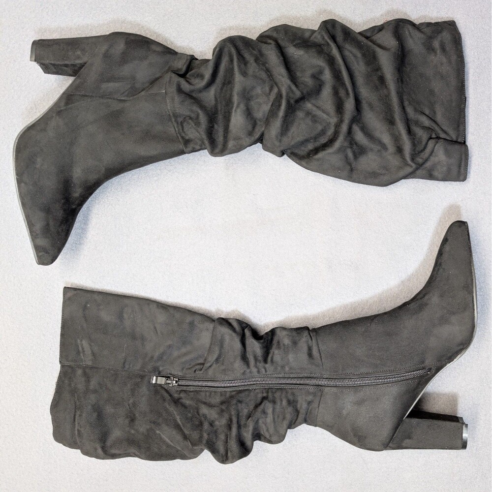 Allegra K Women Size 9 Black Faux Suede Slouchy Pointed Toe Knee High Boots